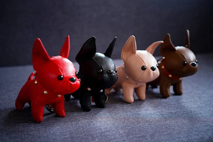 Punk French Bulldog PU Leather Dog Keychain — Fashion Bag Charm for Women Car Key Ring