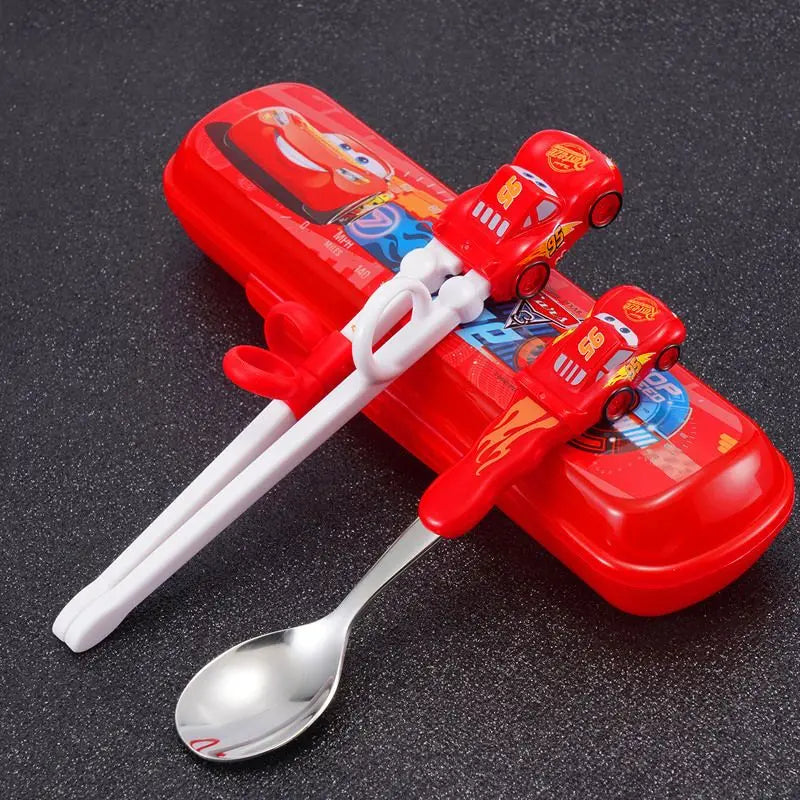 Disney Kids Tableware Set — Lightning McQueen, Mickey, Minnie, Stitch & Princess Elsa Training Chopsticks and Spoons