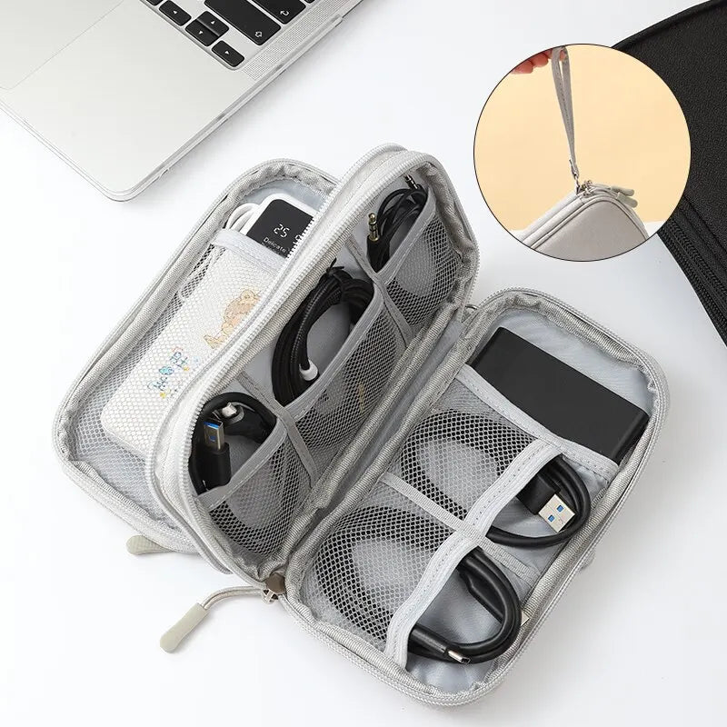 1pc Travel Portable Digital Product Storage Bag: Pink/Grey/Black/Navy USB Data Cable Organizer - Headset Charging Treasure Box Bag