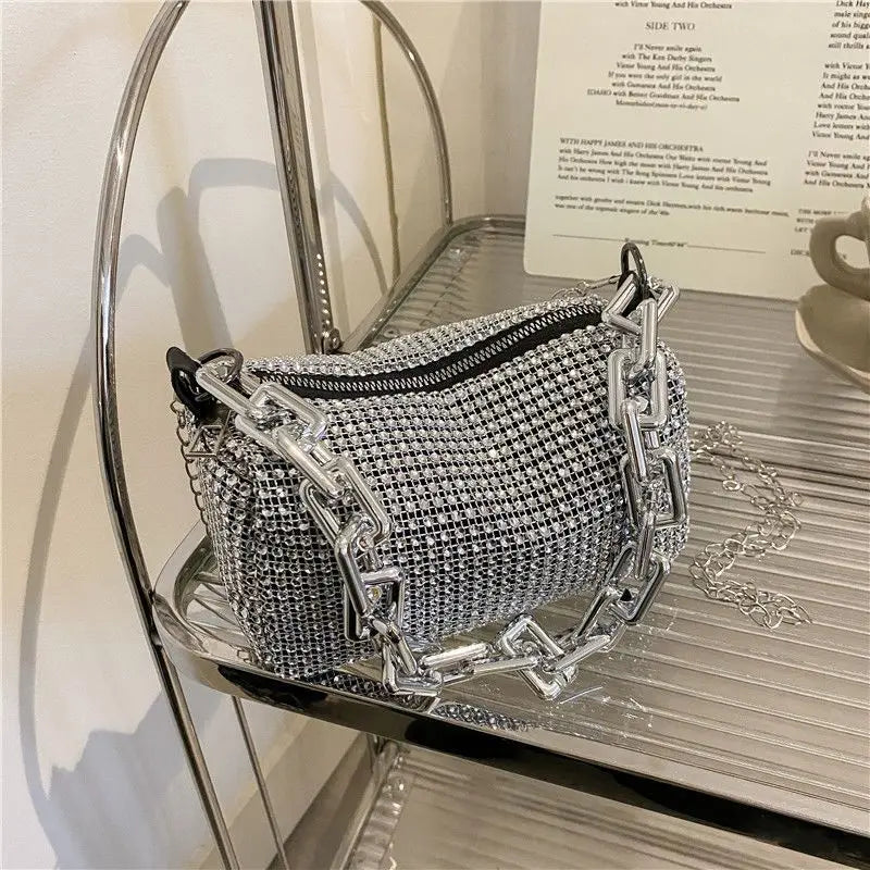 Allover Rhinestone Bucket Bag – Glitter Chain Prom Purse, Women's Mini Crossbody Bag (6.3 x 3.54 Inches)