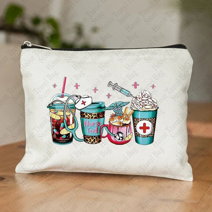 Nurse Gift Canvas Makeup Bag – Cute Coffee Print Zipper Pouch & Portable Cosmetic Organizer