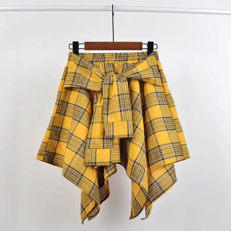 Summer Casual Retro Women’s Mini A-Line Skirt – Blue White Lattice Bow-Knot Elastic Waist Short Skirt