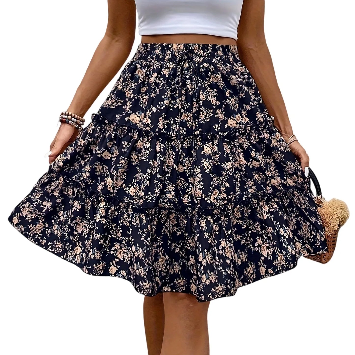 Women’s Floral Spliced Cake Skirt – Knee-Length Casual Skirt with Elastic Waist Strap, Comfortable Versatile Fashionable Design