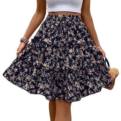 Women’s Floral Spliced Cake Skirt – Knee-Length Casual Skirt with Elastic Waist Strap, Comfortable Versatile Fashionable Design