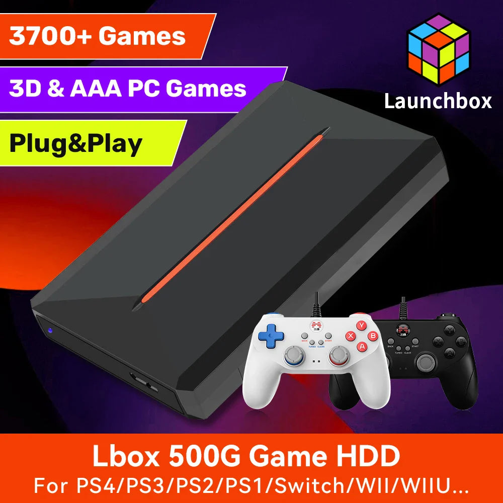 Launchbox 500GB Gaming Hard Drive Emulator for PS4, Switch, GameCube, PS3, PS2, Wii, WiiU with 3700+ 3D & AAA PC Games