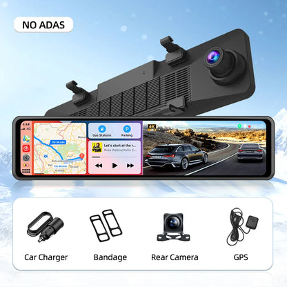 Imagebon 12" 4K Car Mirror – Wireless CarPlay, Android Auto, ADAS, Rearview Camera, GPS, FM, Night Vision Video Recorder