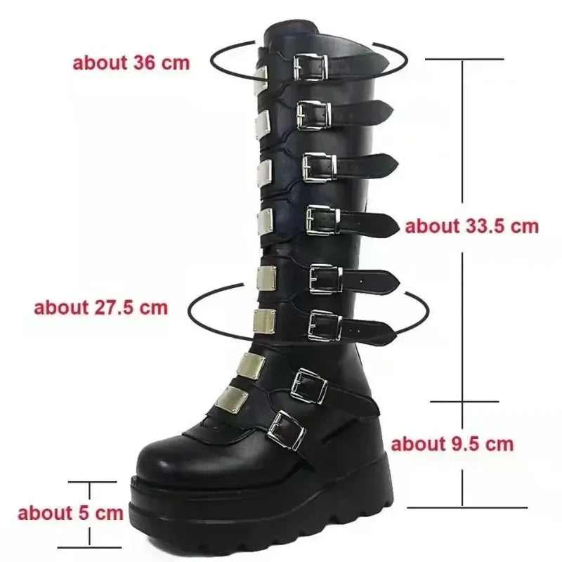 Women’s Gothic Knee-High Platform Boots – Black Punk Motorcycle Shoes for Halloween Cosplay