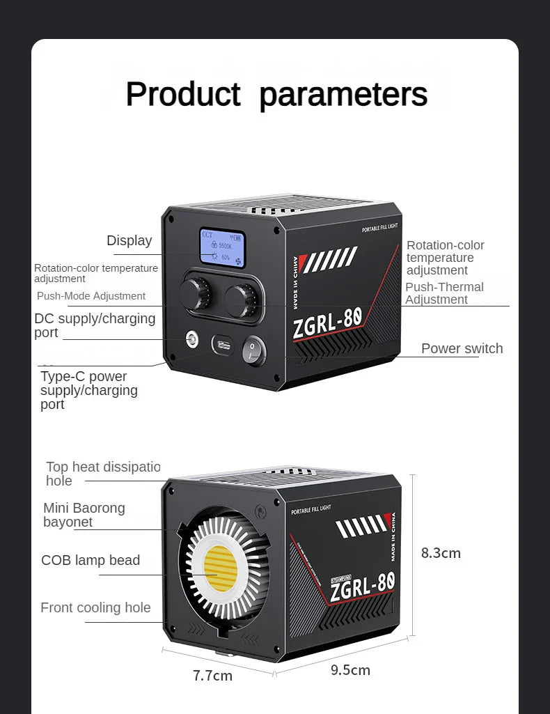 60W Pro Portable LED Video Light – COB Bi-Color Photography Light (2800K-7500K) for Livestreaming, Handheld Outdoor Shooting
