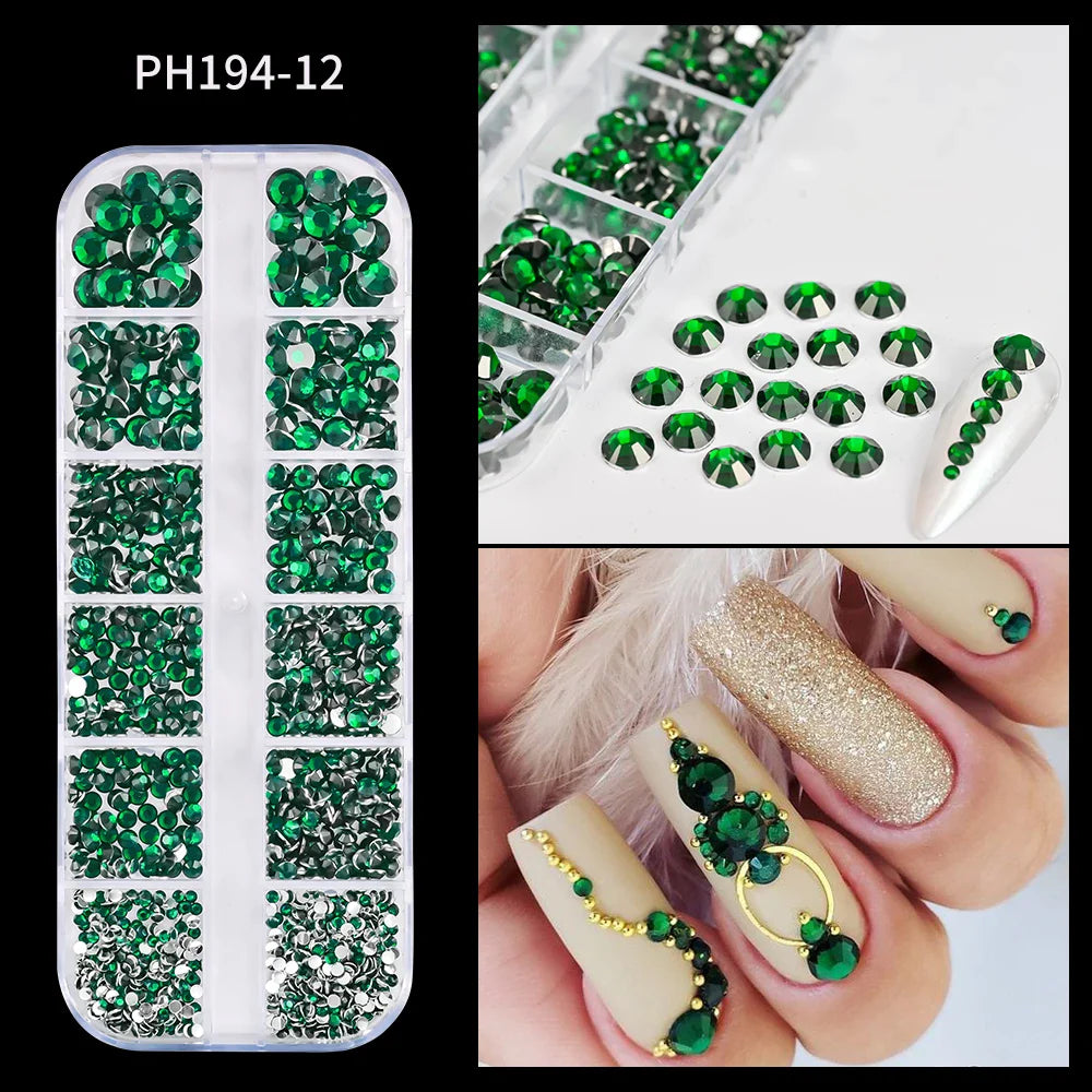 12-Grid 3D Glass AB Crystal Nail Art Rhinestones Kit – Flatback Round Beads with Tools for Nail Jewelry & Diamond Decoration