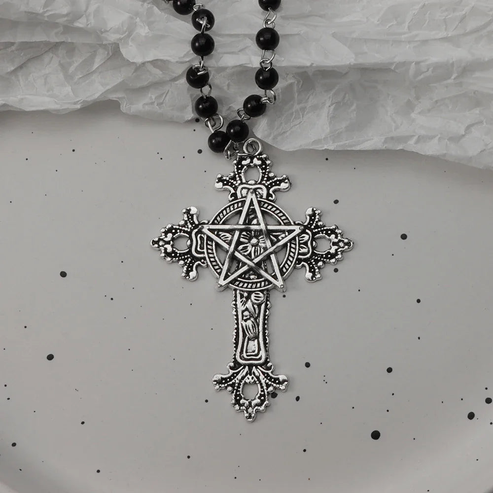 Gothic Bat Cross Necklace Set - Y2K Thorn Love Black Beaded Layered Jewelry for Halloween Parties