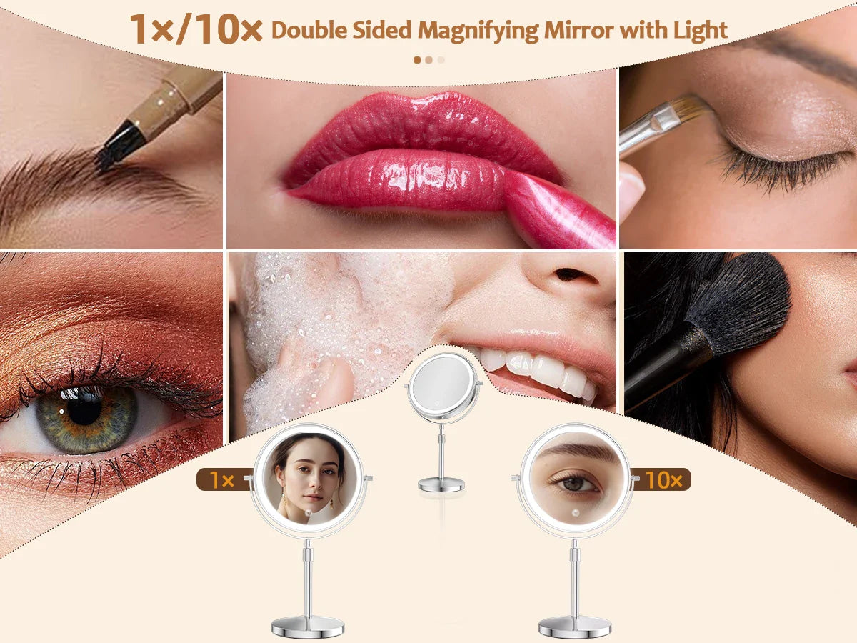 8-Inch Makeup Mirror with Light – 10X Magnification, 3 Color LED, Adjustable Brightness & Height Standing Cosmetic Mirror