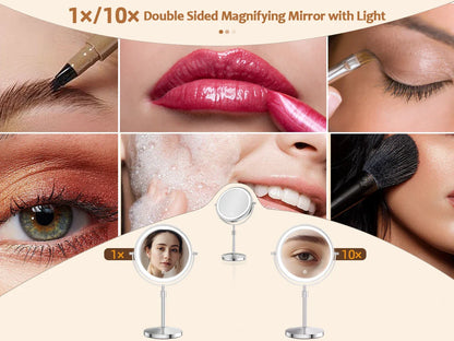 8-Inch Makeup Mirror with Light – 10X Magnification, 3 Color LED, Adjustable Brightness & Height Standing Cosmetic Mirror