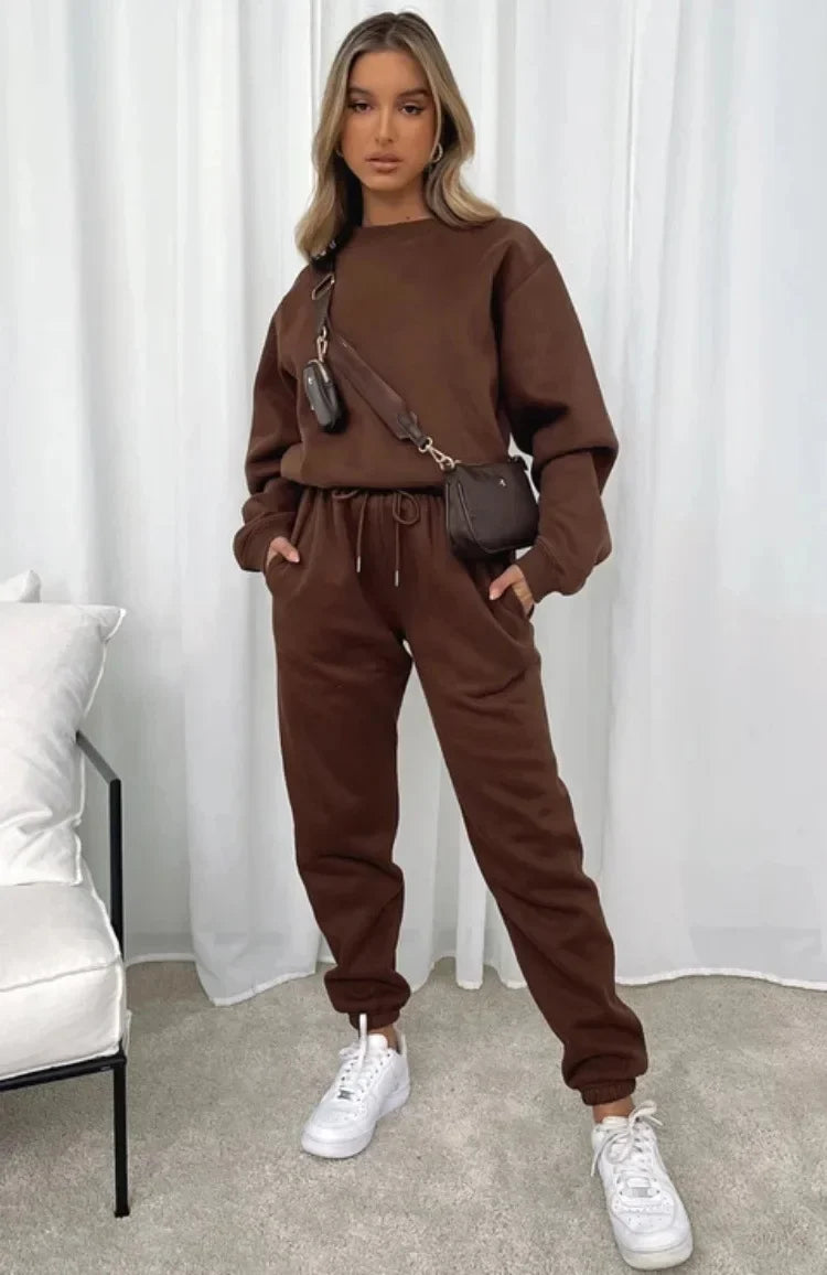 Women’s Casual Long Sleeve Sweatshirt & Pants Set – Solid Color Pullover Trousers, Round Neck Autumn Winter Outfit