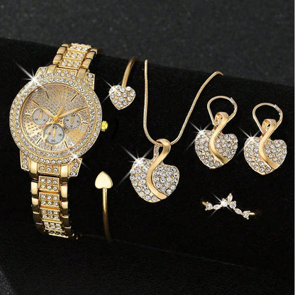 Women's Gold Quartz Watch Jewelry Set – Luxury Wristwatch with Ring, Necklace & Rhinestone Earrings