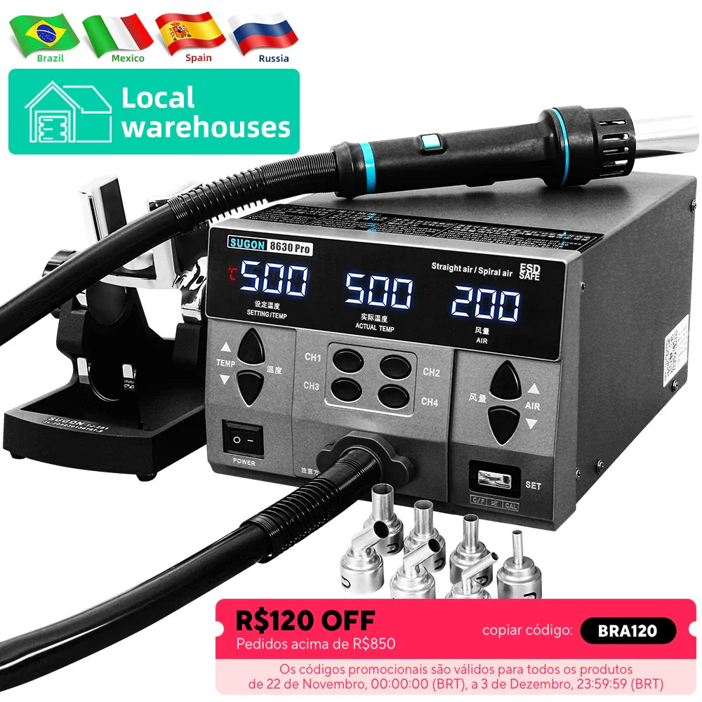 SUGON 8630Pro 1300W Hot Air Gun - Digital Display BGA Rework Station with Curved Nozzle for Welding & Desoldering Repair