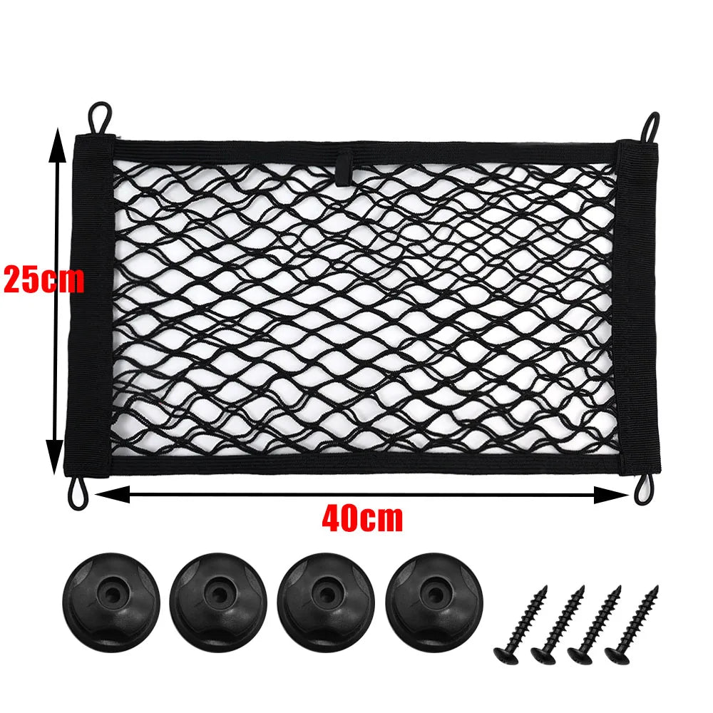 Car Storage Net Bag Organizer with Screws – Elastic Mesh Cargo Pocket Holder for Auto, Rear Trunk & Boat Storage