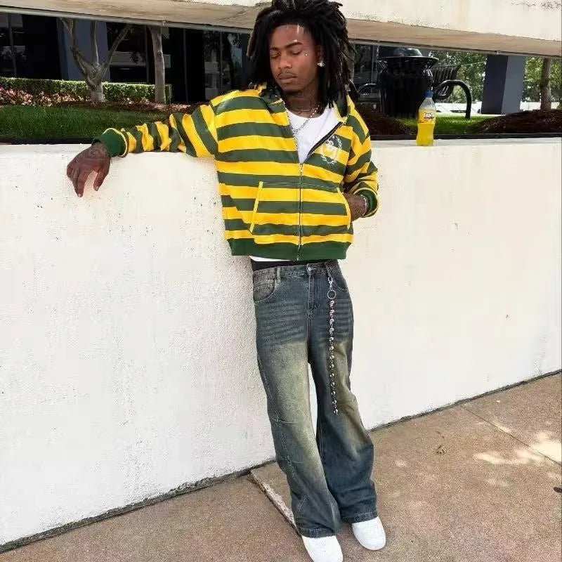Men's Striped Zip-Up Hoodie - Retro American Streetwear Sweatshirt with Rivet Details