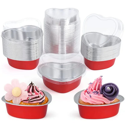 50Pcs 100ml Tin Foil Aluminum Pudding Cups with Lid - Heart-shaped Disposable Mini Mousse Cupcake Containers Baking Moulds
