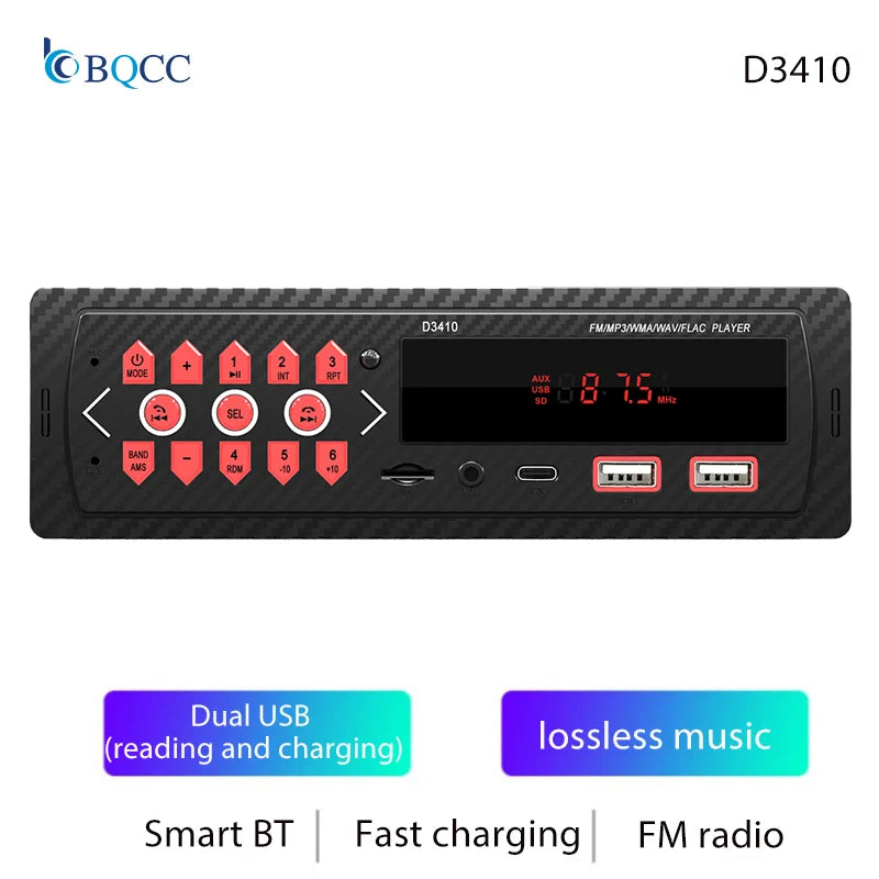 BQCC 1 Din Bluetooth Car Stereo - MP3 FM Radio with USB, TF, AUX, Dual USB & 7-Color LED Lights