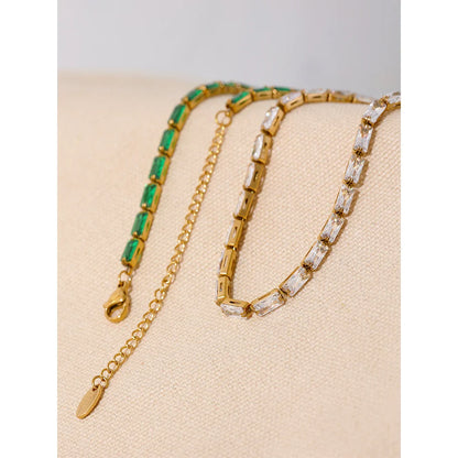 Yhpup Waterproof White & Green Cubic Zirconia Stainless Steel Necklace Bracelet Jewelry Set for Women