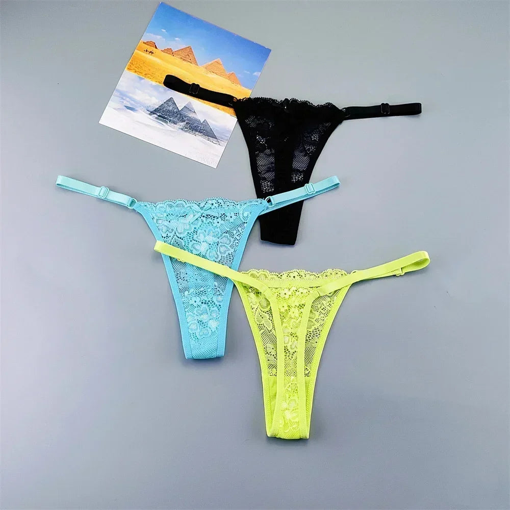 Women's Transparent Lace Thong Set - 3PCS Adjustable Low Waist Sexy T-Back Underwear