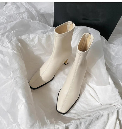 Vintage Warm Cotton Women’s Ankle Boots – Fashionable Square Toe, Elegant Autumn & Winter Short Booties with Thick Heel