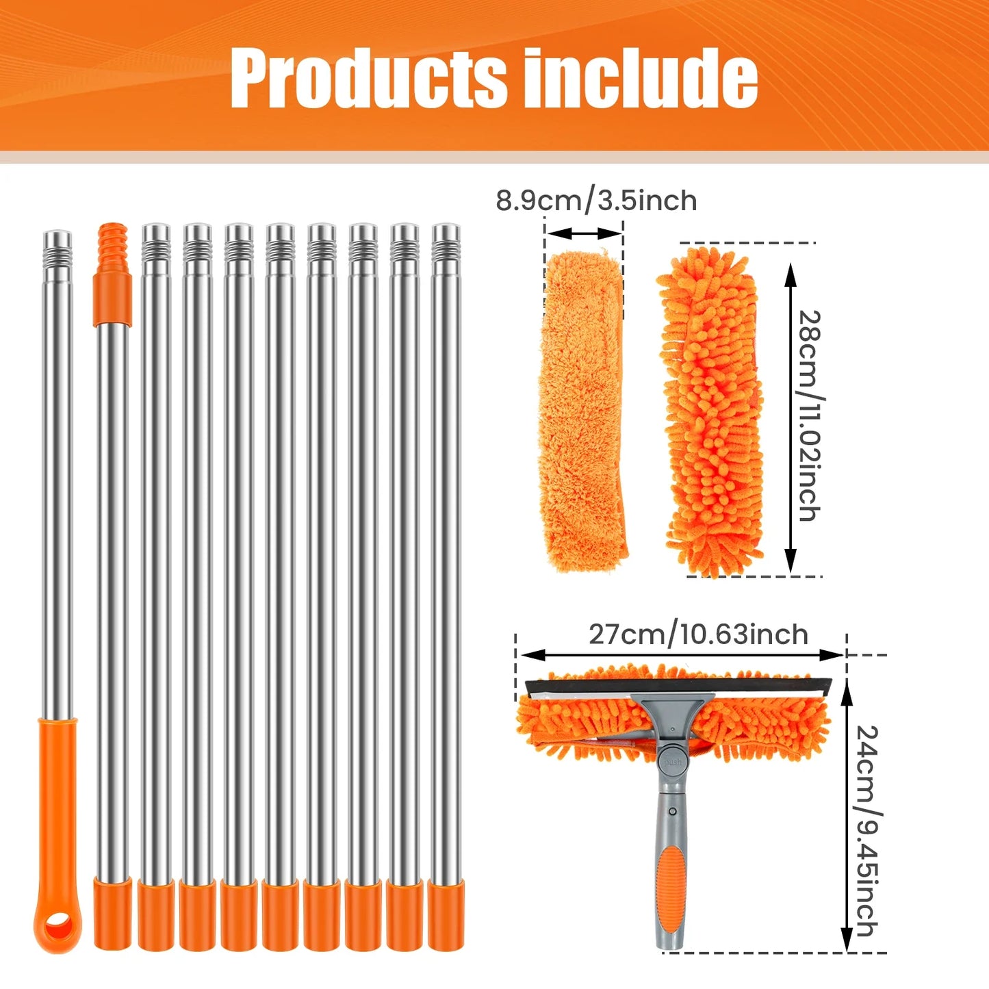 100–420CM Extendable Window Cleaning Kit | 2-in-1 Double-Sided Glass Squeegee & Duster Mop | 180° Swivel Window Cleaner Tool