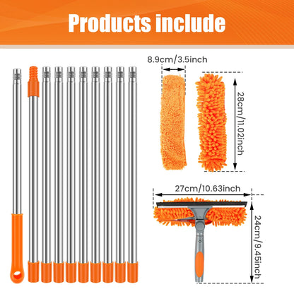 100–420CM Extendable Window Cleaning Kit | 2-in-1 Double-Sided Glass Squeegee & Duster Mop | 180° Swivel Window Cleaner Tool