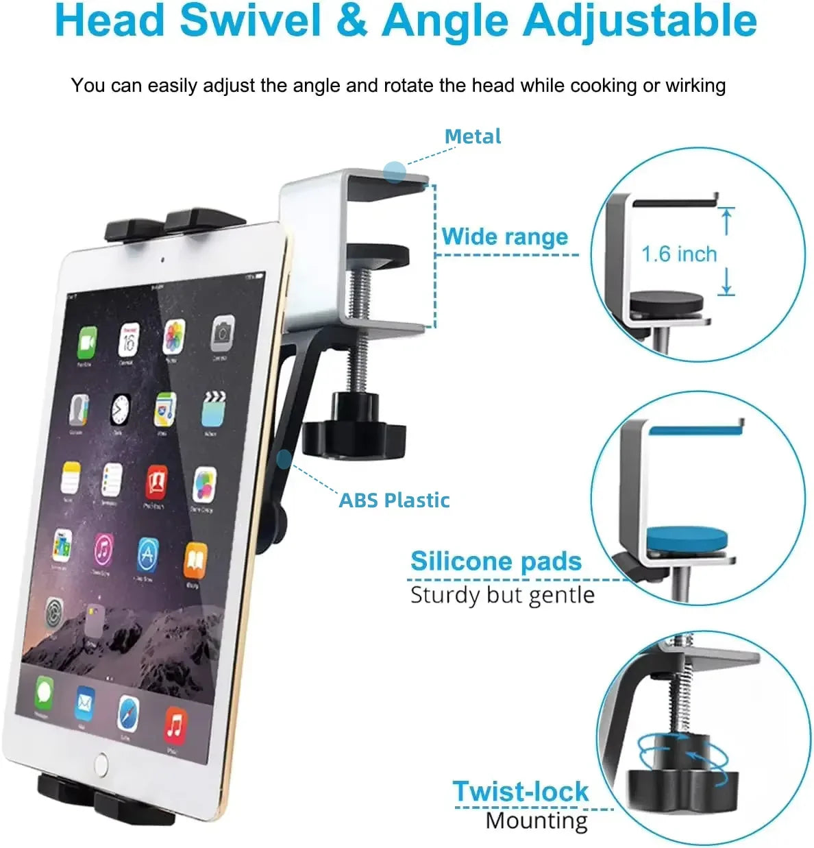 Universal Under Cabinet Phone & Tablet Holder – Metal Clamp Stand for 4.7–13” iPad & iPhone