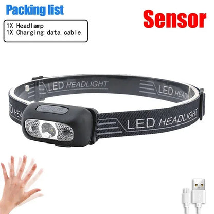 IR Motion Sensor Headlamp – USB Rechargeable Waterproof Headlight, White/Yellow/Red Light 10 Modes Ultra Bright Adjustable Beam Head Lamp for Camping & Outdoor Use