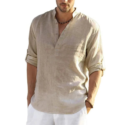 Men’s Cotton Linen Long Sleeve Casual Shirt Loose Fit Breathable Spring Autumn Buttonless Blouse Style Top Fashion Tee S-3XL