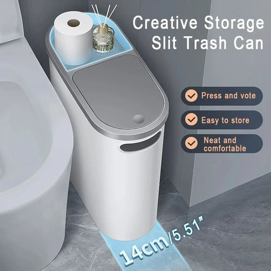Compact Plastic Trash Can with Lid — Press-Top, Space-Saving Design for Bathroom, Kitchen & Living Room