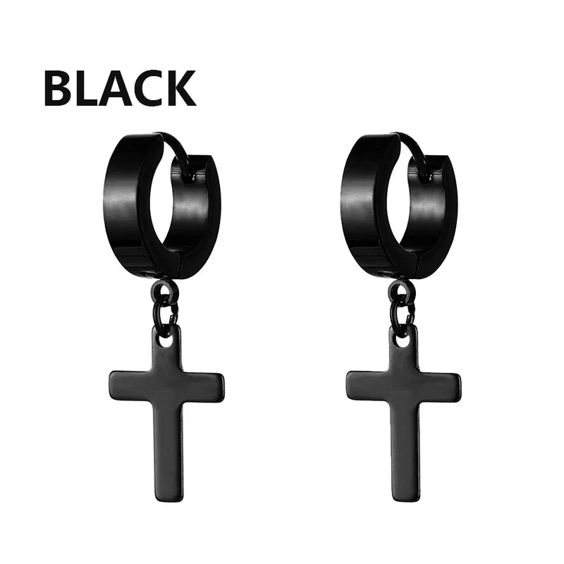 Stainless Steel Cross Star Dangle Earrings - Punk Gothic Hoop Huggie Jewelry for Men & Women