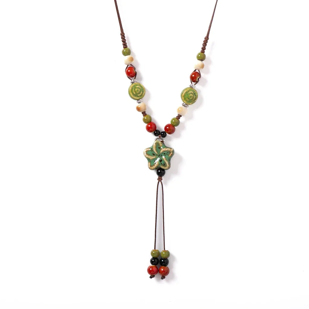 Handmade Ceramic Star Pendant Necklace - Adjustable Long Boho Blue Gem Jewelry for Women