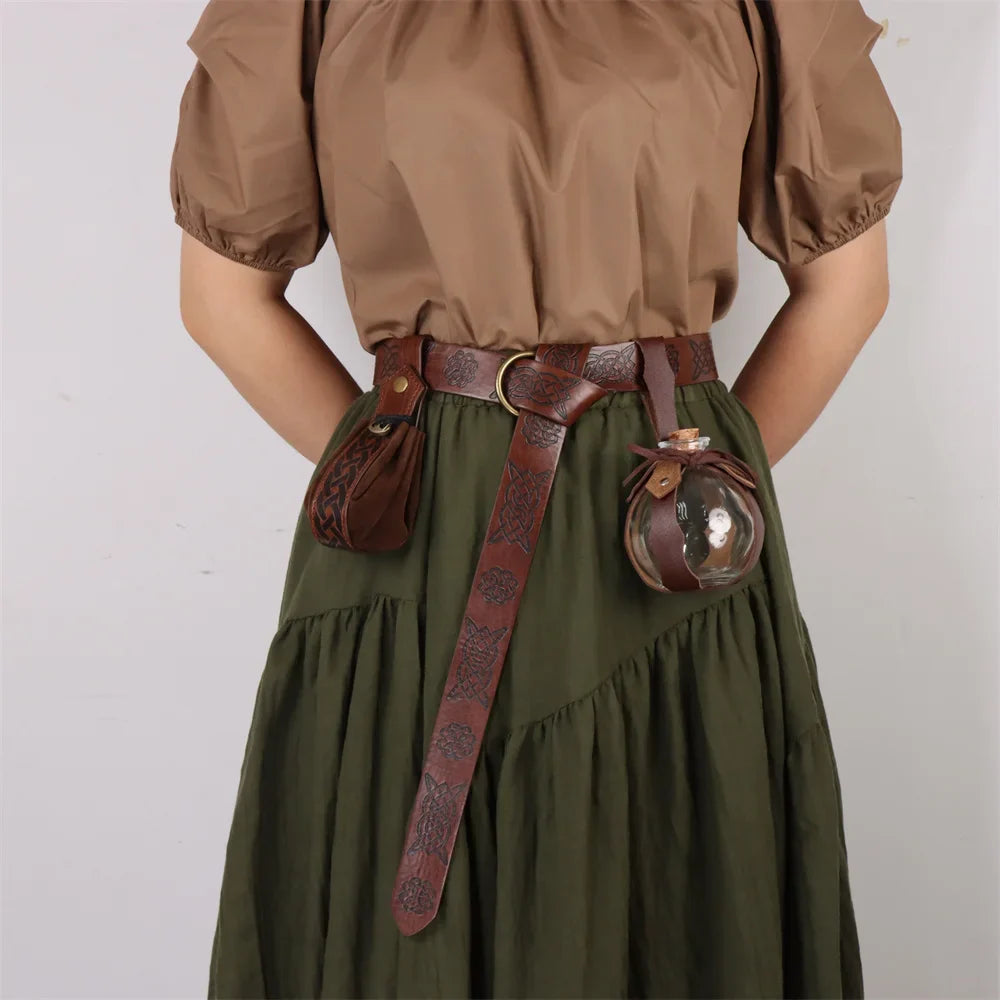 Medieval Elf Leaf Leather Belt Set – Glass Magic Bottle Case, Embossed Retro Leather Accessories for Halloween & Cosplay