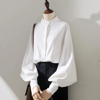 Women’s Spring & Autumn Blouse — Loose Shirt with Long Lantern Sleeves and Stand Collar