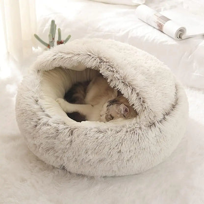 Round Soft Plush Pet Bed with Cover - 2-in-1 Cat and Dog Sleeping Nest Cave, Warm Pet Mattress for Small Dogs