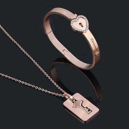Couple Stainless Steel Love Lock Bracelet with Key Pendant Necklace – Romantic Jewelry Gift for Men and Women