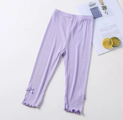 Girls Summer Bow Leggings - Solid Color Elastic Waist 7/8 Length Breathable Kids Pants 3-10Y