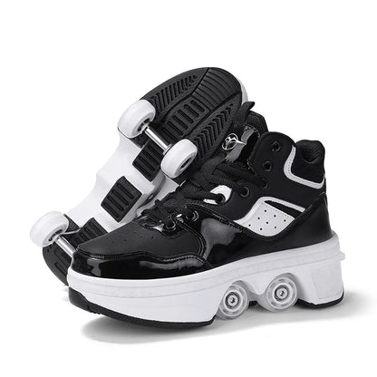 Dual Purpose Roller Skates Shoes - Adjustable Double Row 4-Wheel Deformation Roller Sneakers for Kids & Teens Size 33-44
