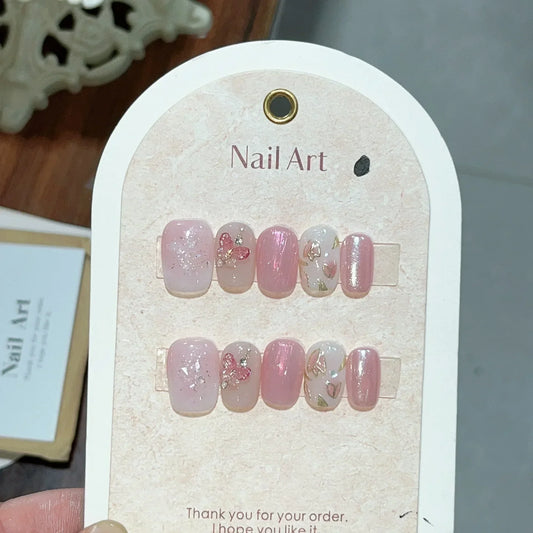 10Pcs Pink Handmade Press-On Nails – Short French Style with Flowers, Butterflies & Rhinestones, Full Cover Nail Tips