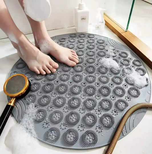 Round Non-Slip Shower Mat – Strong Suction Bath Mat with Drain Holes & Raised Massage Loops for Bathtub