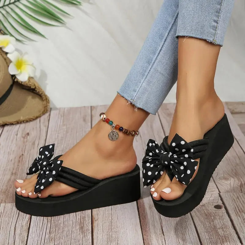 Women’s Polka Dot Bow Wedge Sandals - Lightweight EVA Platform Beach Flip Flops