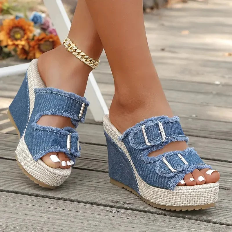 Women’s Summer Wedges Platform Sandals – Straw Weave & Denim Double Buckle Casual Shoes