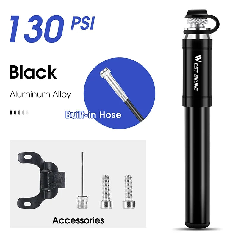 WEST BIKING 130PSI Mini Bike Pump – Portable Aluminum Alloy Hand Air Pump for MTB & Road Cycling, Drop-Proof & Ultralight