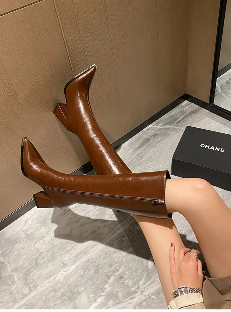Pointed Toe Women's High Boots – Fashionable Side Zipper Long Booties, Elegant Party High Heel Shoes for Winter