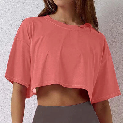 Women’s Cotton Crop Top Sports T-Shirt – Short Sleeve Yoga, Running & Gym Fitness Workout Shirt, Loose Fit Activewear