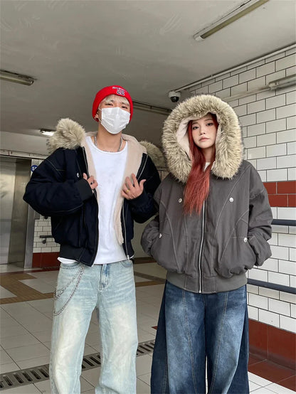 ZAROY Y2K Fur Collar Hooded Parka – Thick Padded Gothic Winter Jacket Streetwear for Men & Women