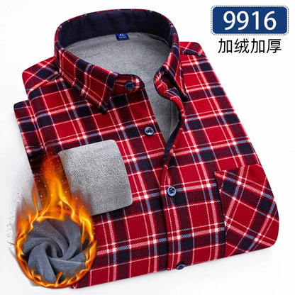 Men’s Fleece Plaid Shirt - Warm Thick Long Sleeve Business Check Shirt with Single Pocket for Autumn & Winter