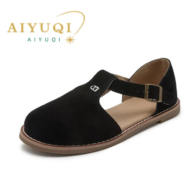AIYUQI Women’s Retro Leather Sandals 2024 — Flat Sole Hollow Roman Style Summer Shoes